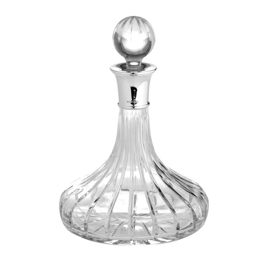 Ships Decanter Sterling Silver Linear Cut 24% Lead Crystal