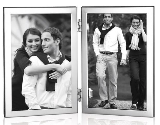 Double Sterling Silver Photo Frame Modern Design with Wood Back